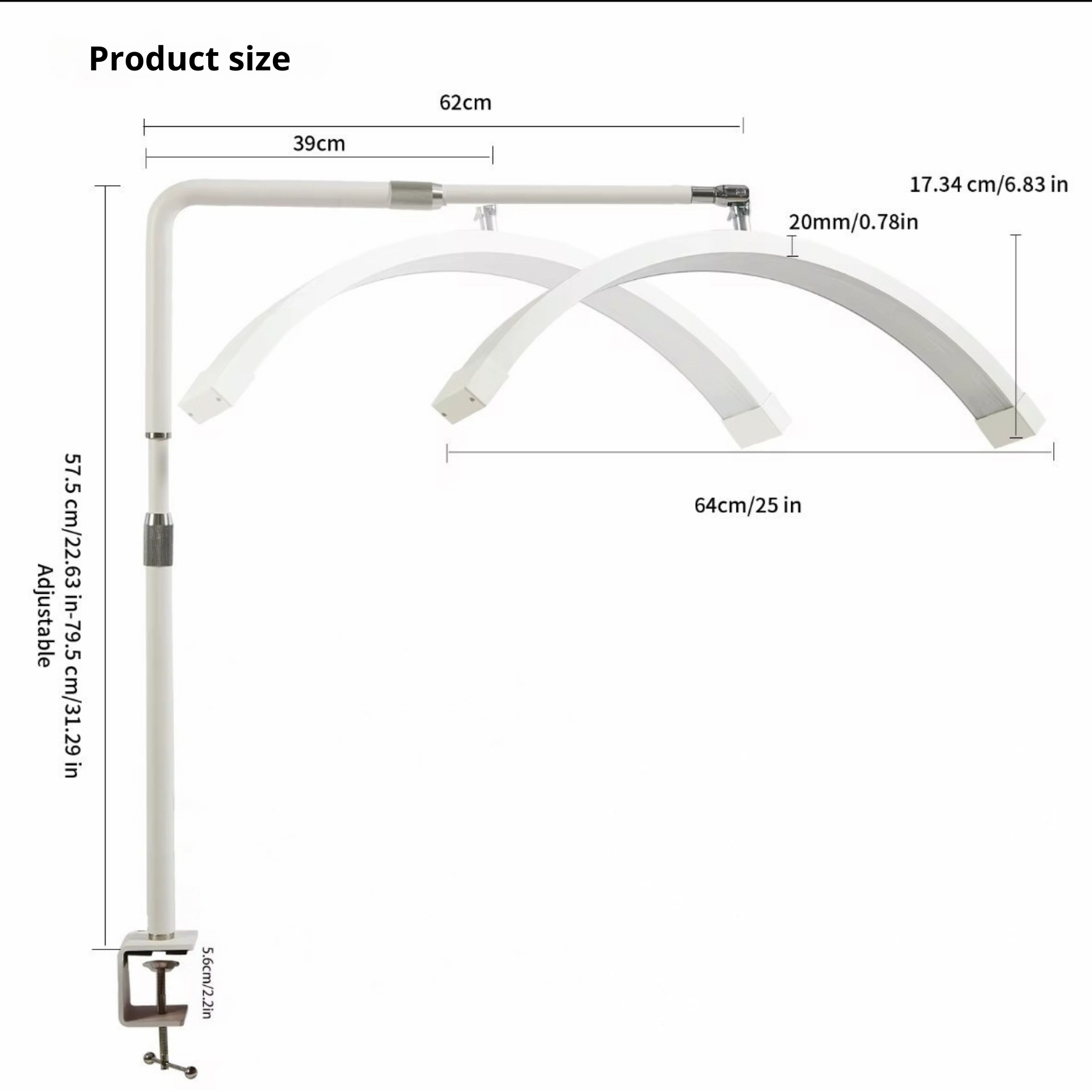 Lámpara para manicura Half Moon Beauty Desk de 25 pulgadas - Con sujeción por pinza,  extensible